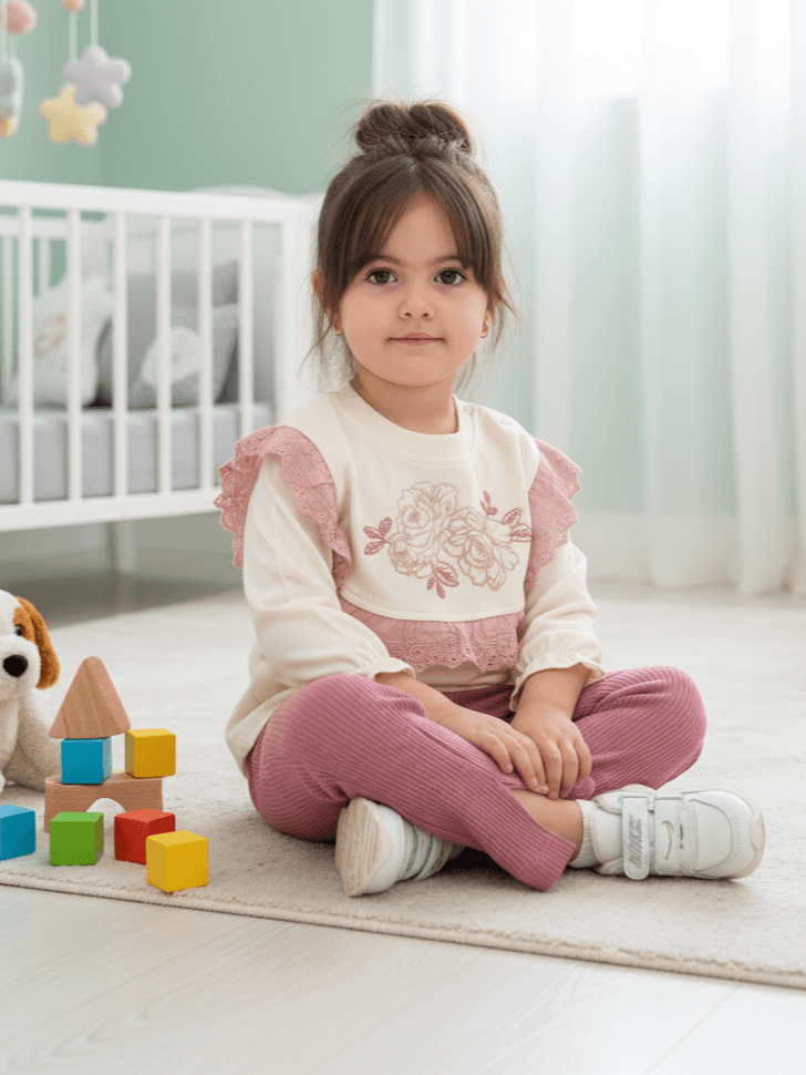 Kız Bebek Gül Nakışlı Fistolu İkili Takım - Krem