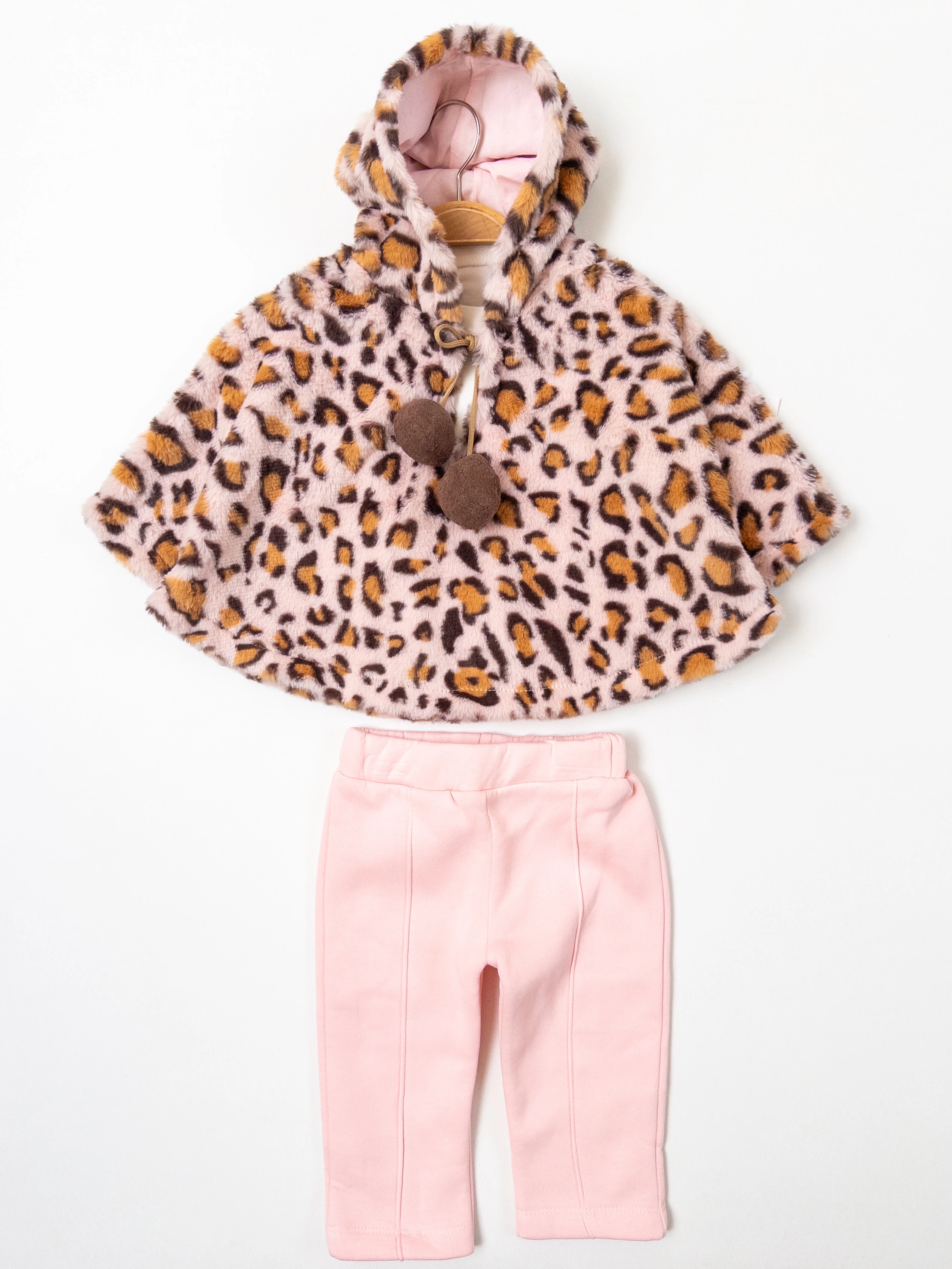 Kız Bebek Leoparlı Badili Üçlü Panço Takım - Pembe