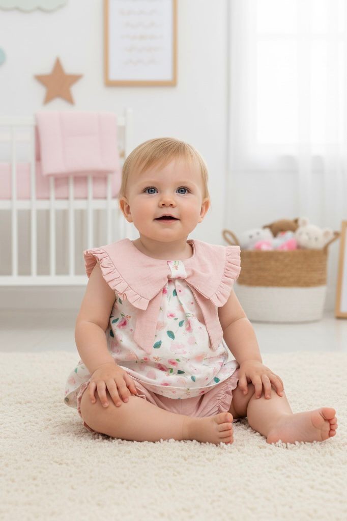 Kız Bebek Yakalı Flowers Müslin İkili Takım - Pembe