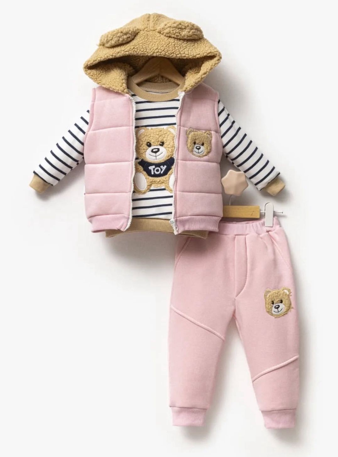 Kız Bebek Ayıcıklı Welsoft Kapüşonlu Üçlü Takım - Pembe
