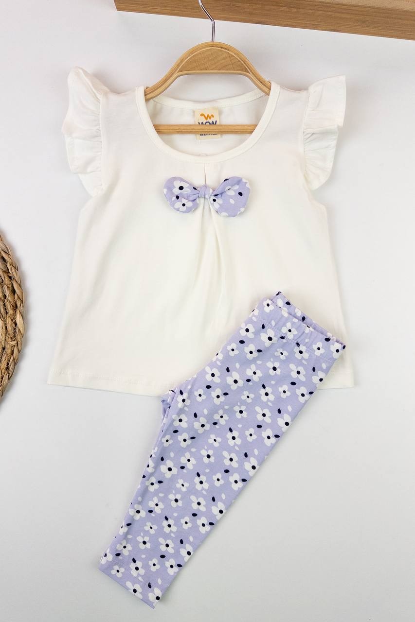 Kız Bebek Papatya Desenli Beyaz Renk Taytlı İkili Takım - lila