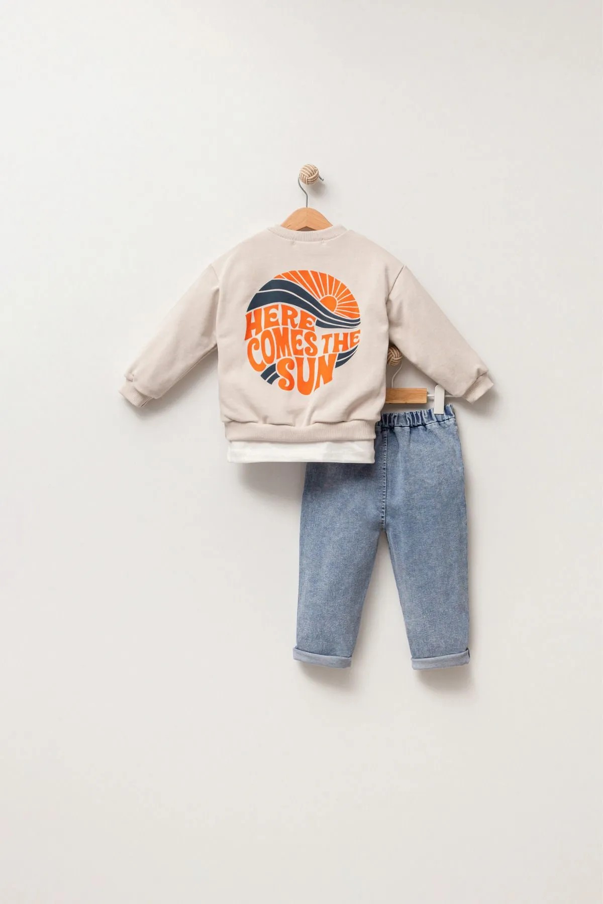  Erkek Bebek Baskılı Sweatshirt Kot Pantolon 3'lü Takım