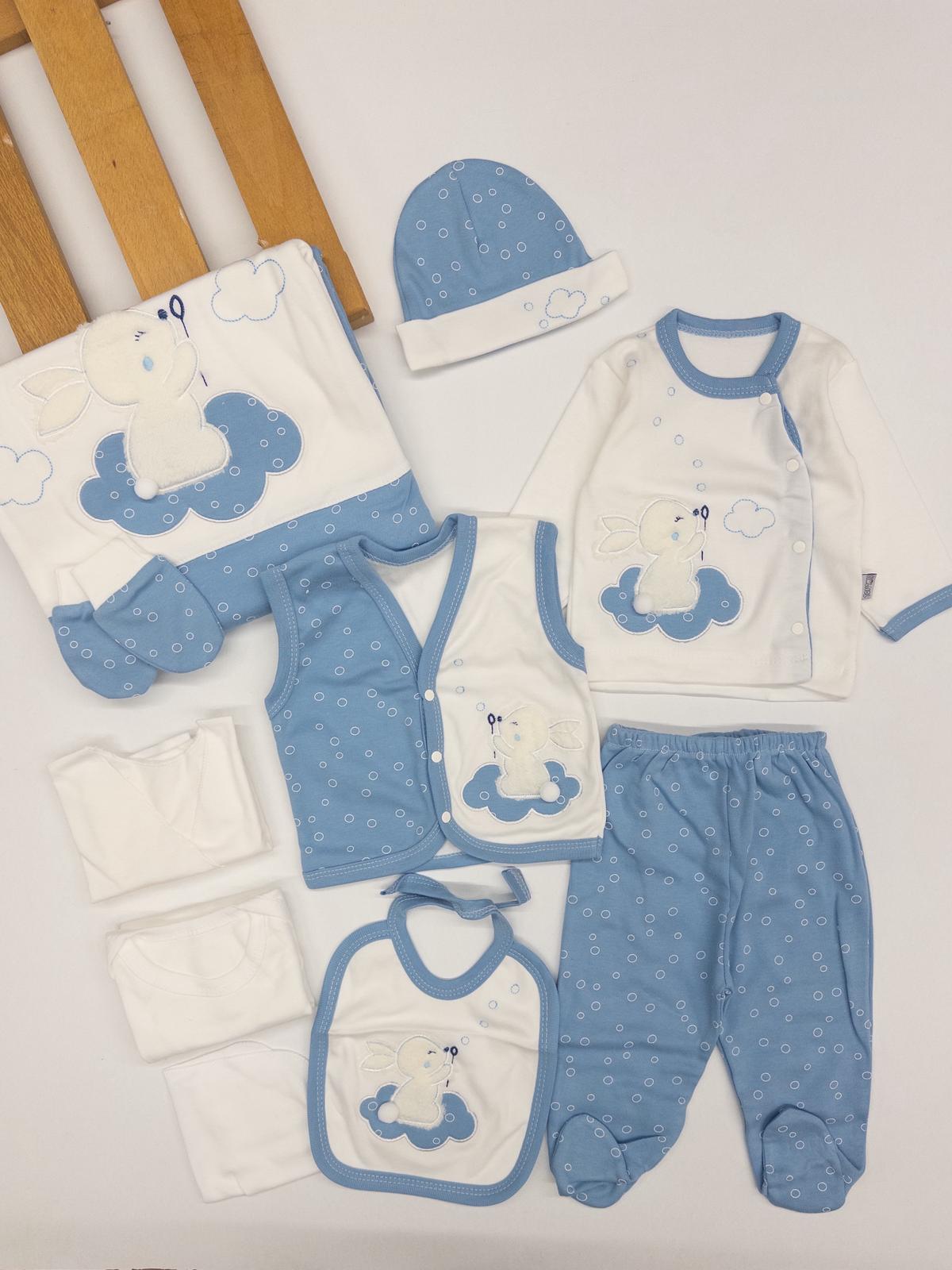 Erkek Bebek Tavşanlı Mavi Renk 10lu Hastane Çıkışı Set