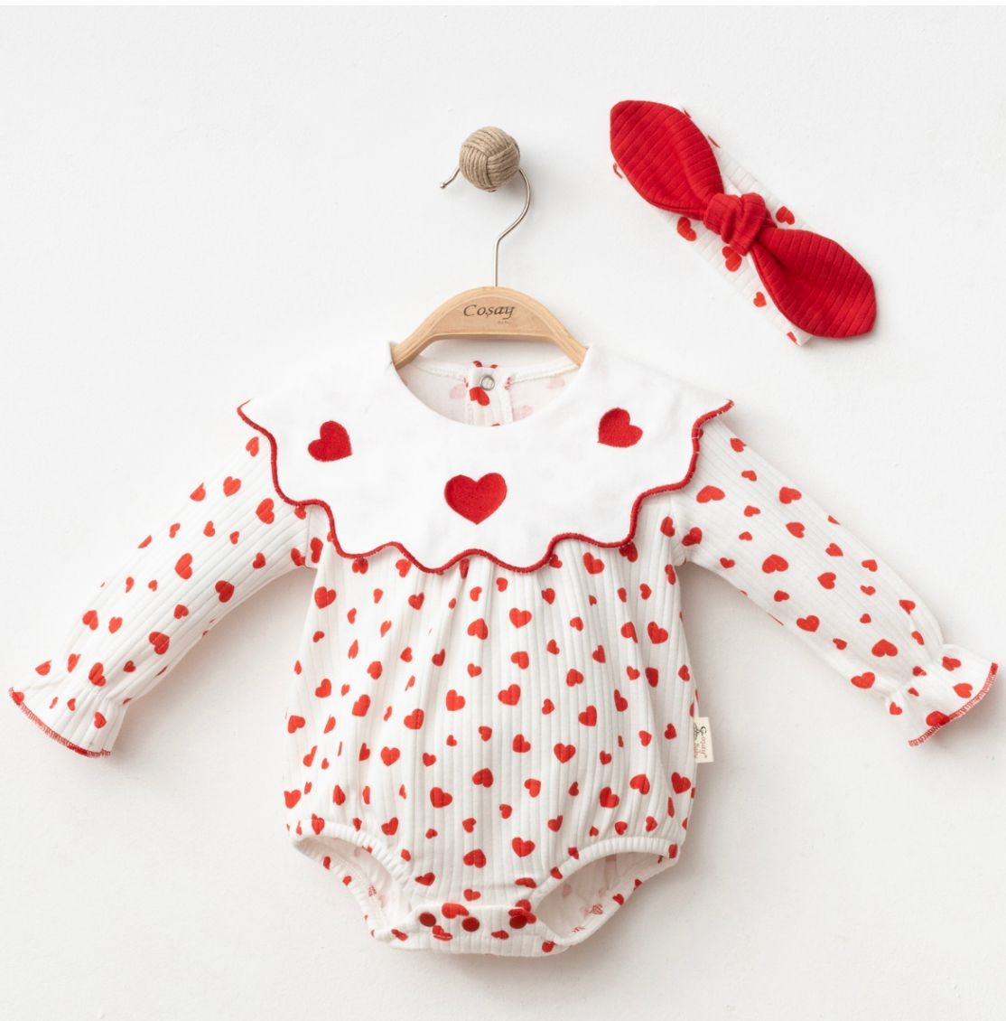 Kız Bebek Kalp Desenli Bandanalı İkili Romper Takım