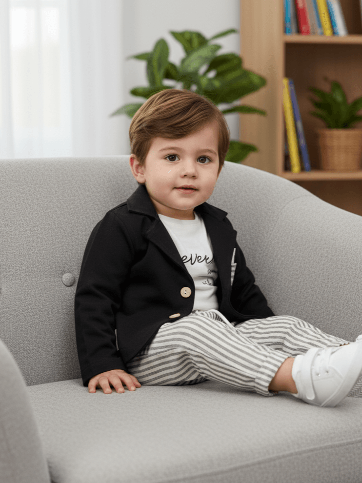 Erkek Bebek Ceketli Müslin Tişörtlü Üçlü Takım