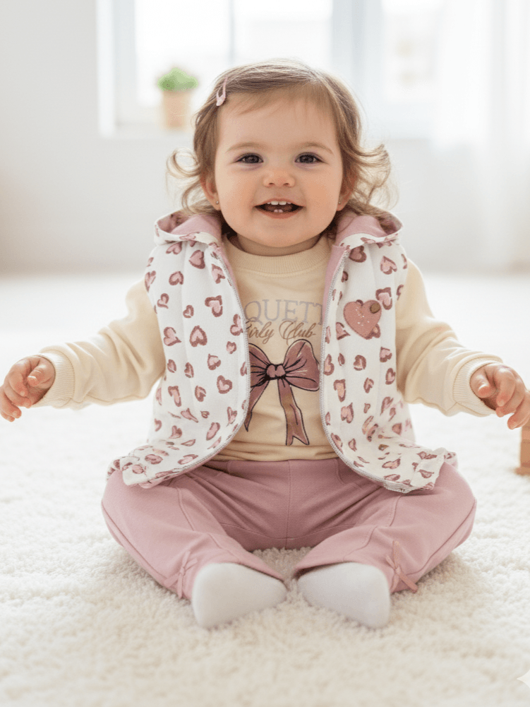 Kız Bebek Kalp Desenli Yelekli Üçlü Takım