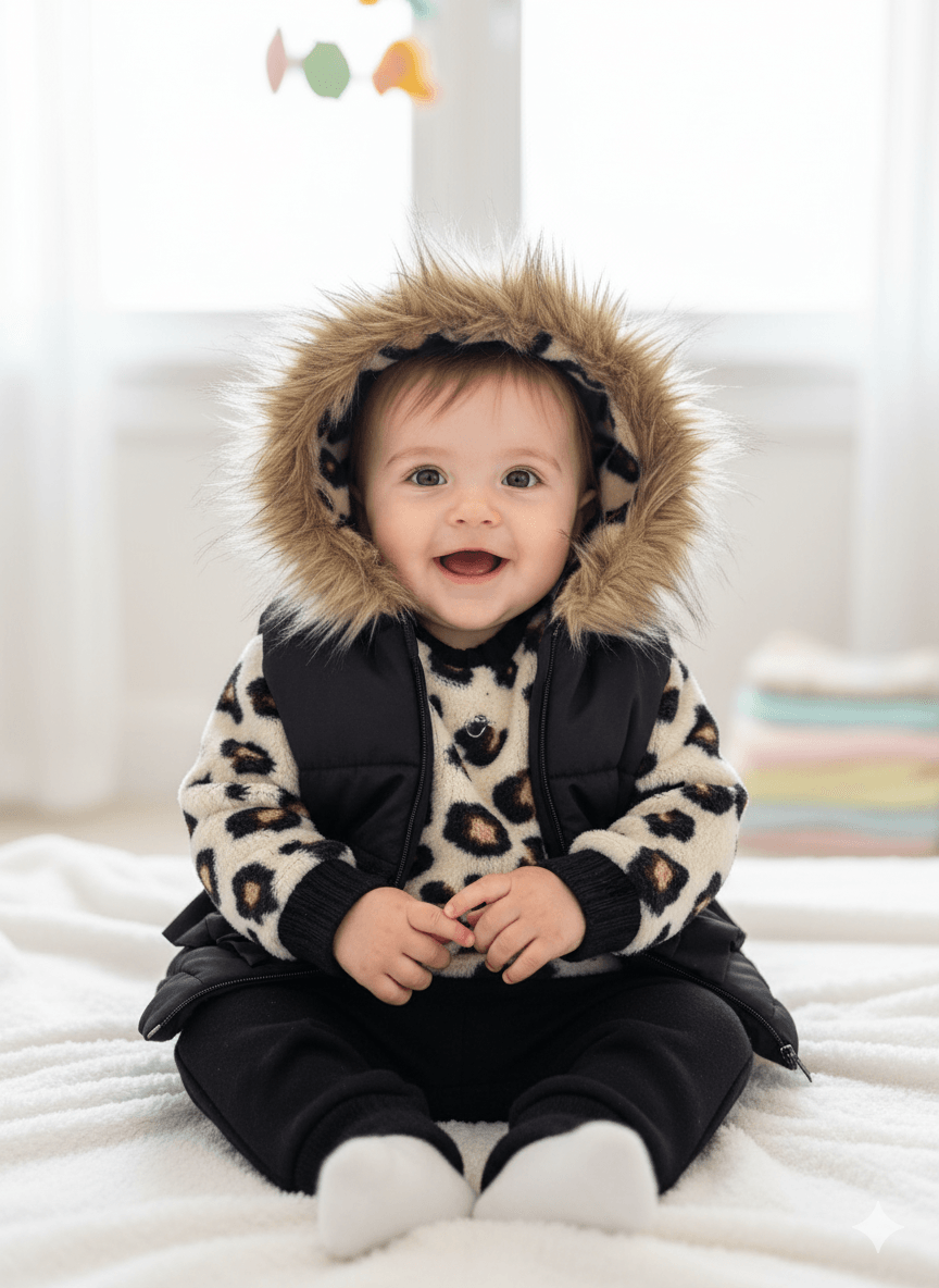 Kız Bebek Kürklü Leoparlı Yelekli Üçlü Takım - Siyah