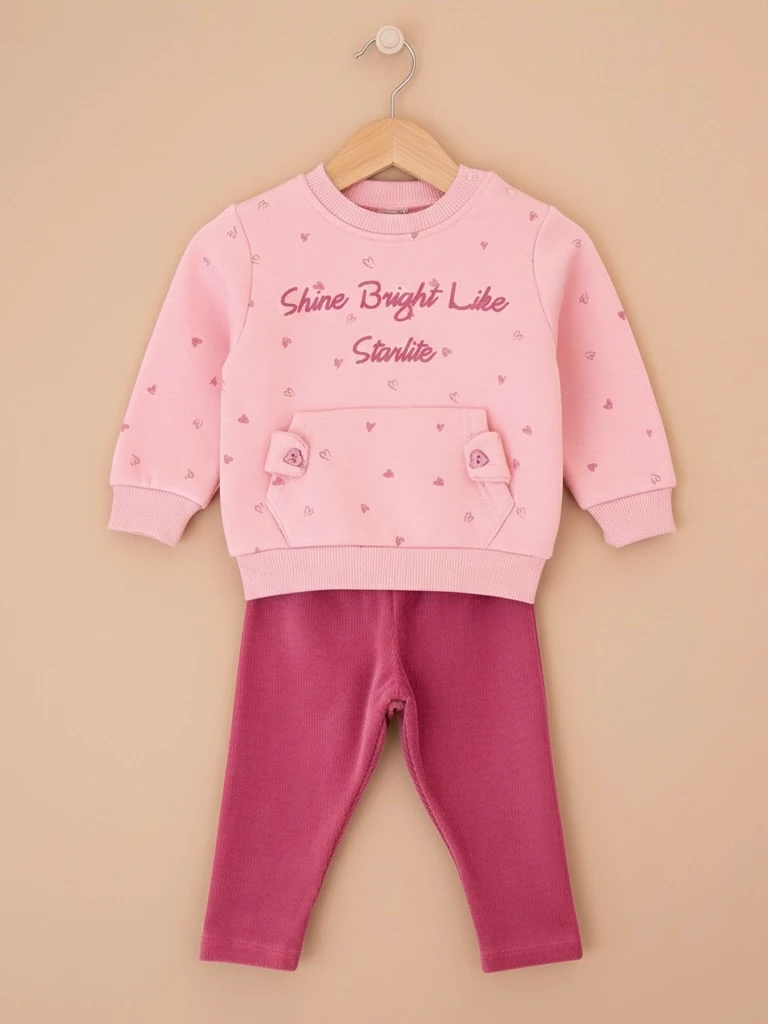 Kız Bebek Taytlı Üç İp Şardonlu İkili Takım - Pembe