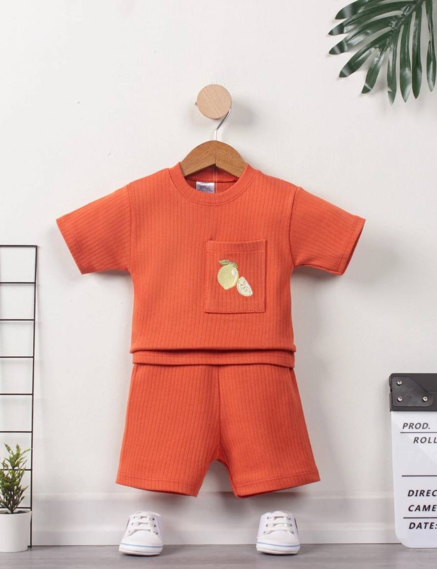 Erkek Bebek Meyve İşlemeli Fitilli İkili Takım - turuncu