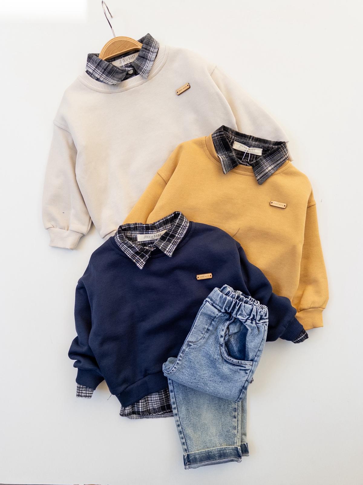  Erkek Bebek Gömlek Sweatshirt ve Kot Pantolon 3'lü Takım 