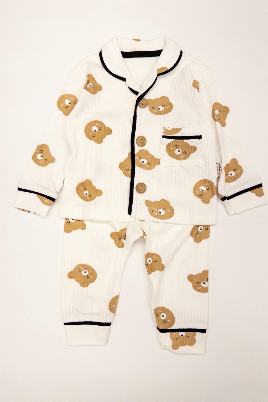 Erkek Bebek Ayıcık Baskılı Düğmeli Pijama İkili Takım