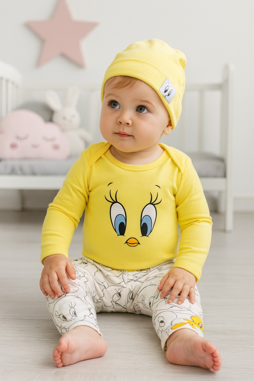 Kız Bebek Şapkalı Civcivli Sarı Renk Üçlü Takım