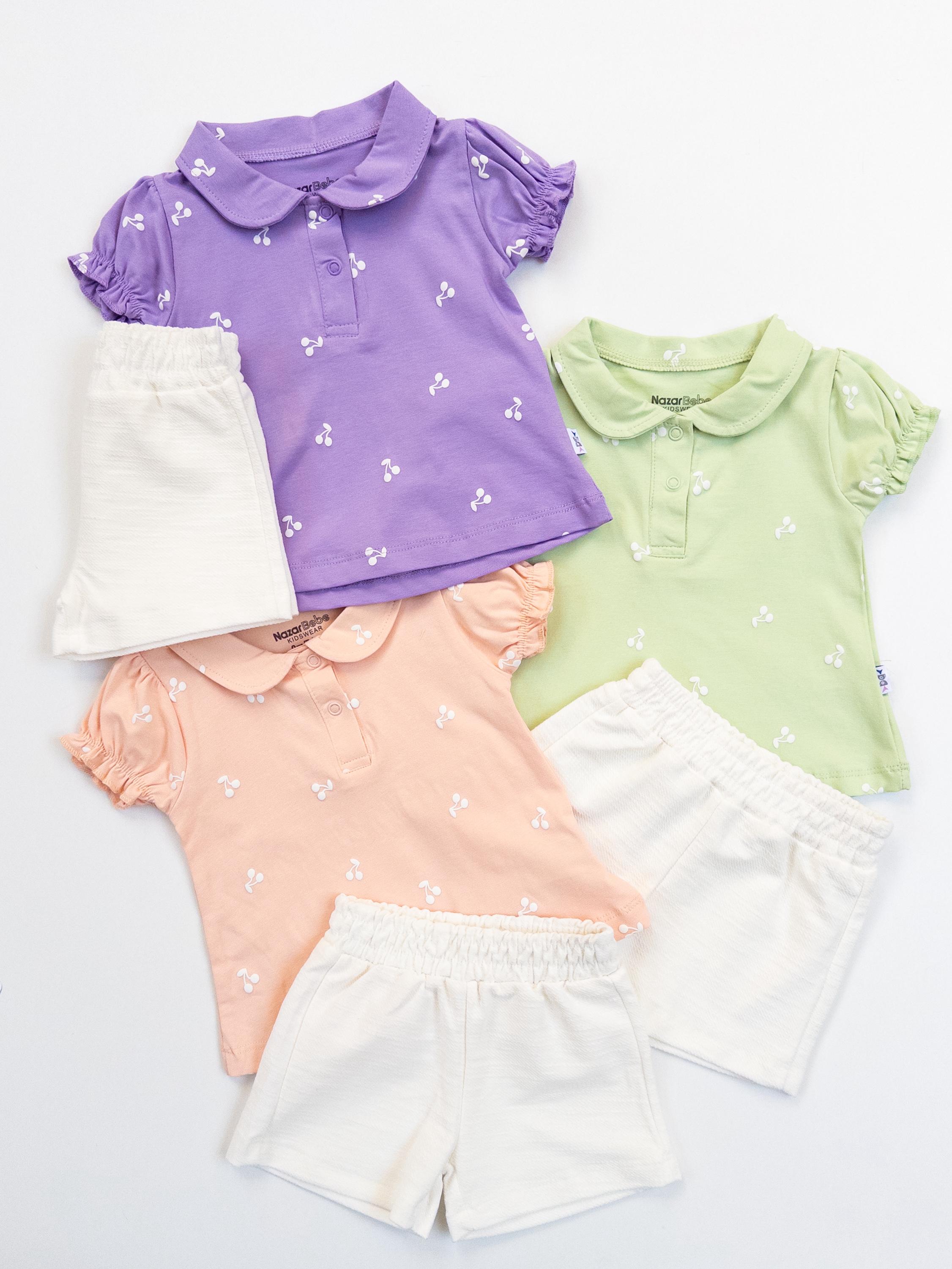 Kız Bebek Kiraz Baskılı Yakalı Şortlu İkili Takım