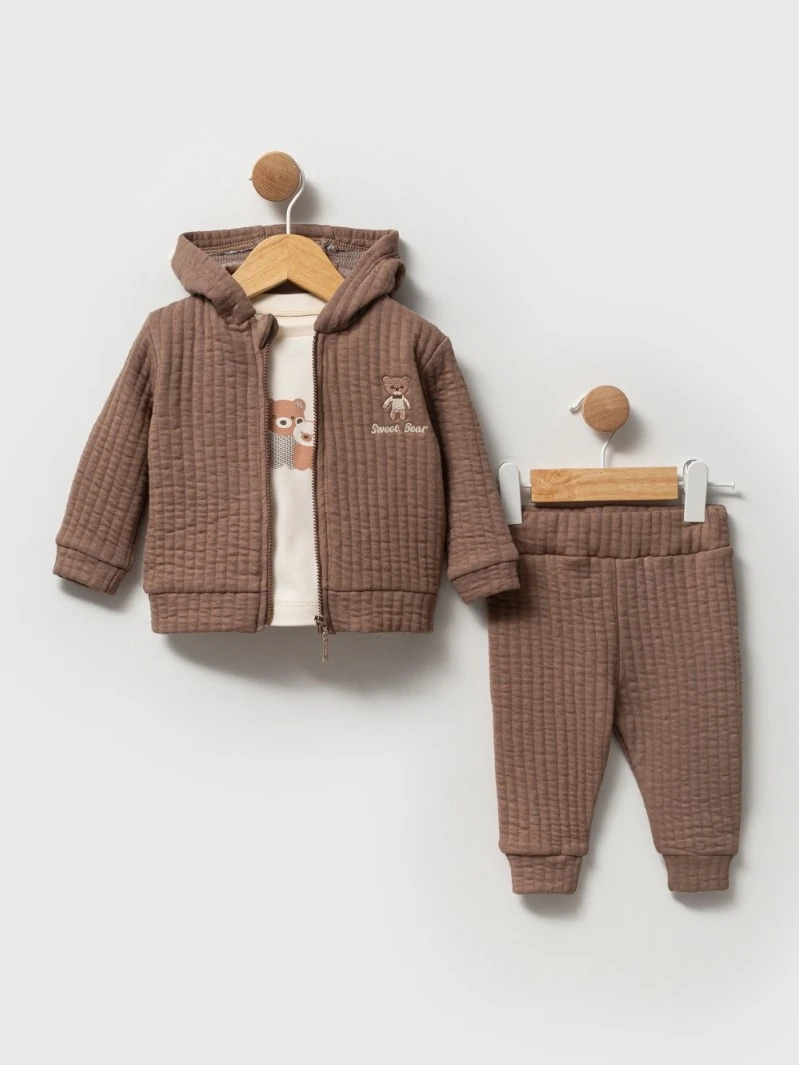 Erkek Bebek Kapüşonlu Hırkalı Üçlü Takım