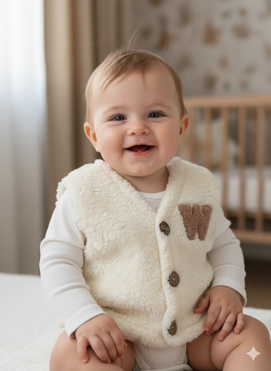 Unisex Bebek Düğmeli Peluş Yelek - bej