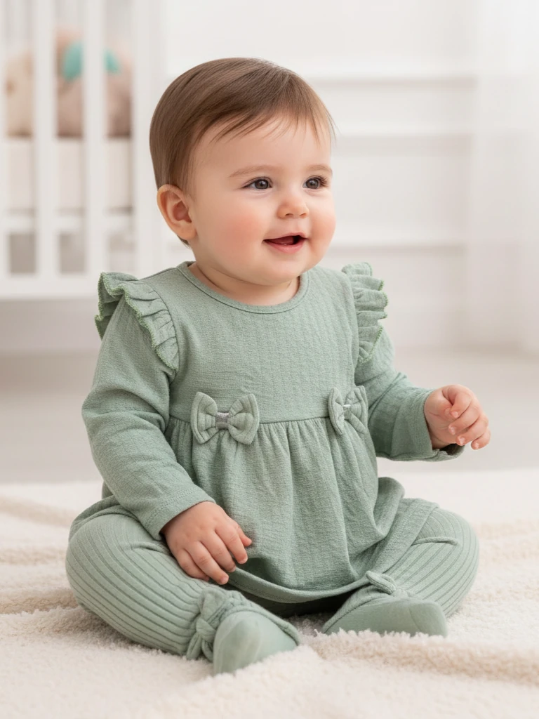 Kız Bebek Fitilli Fiyonklu Müslin İkili Takım - yeşil