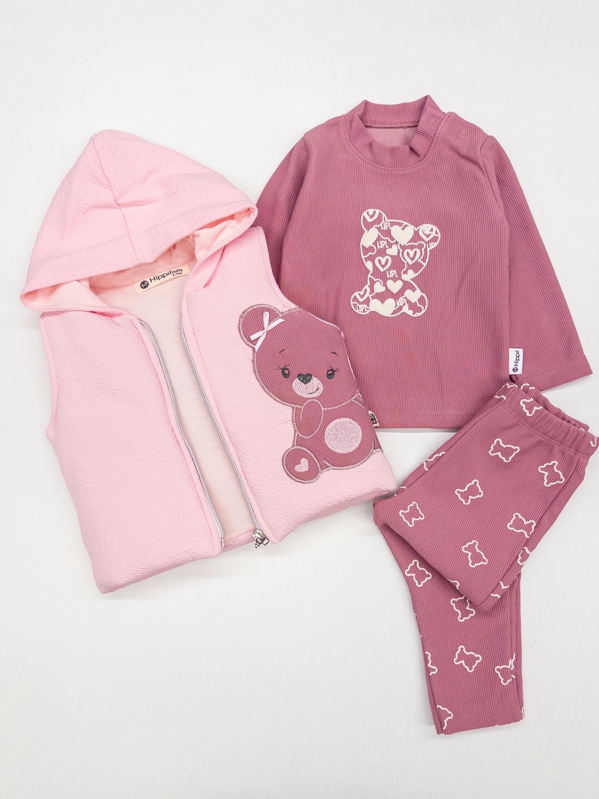 Kız Bebek Ayıcıklı Yelekli Üçlü Takım - Pembe