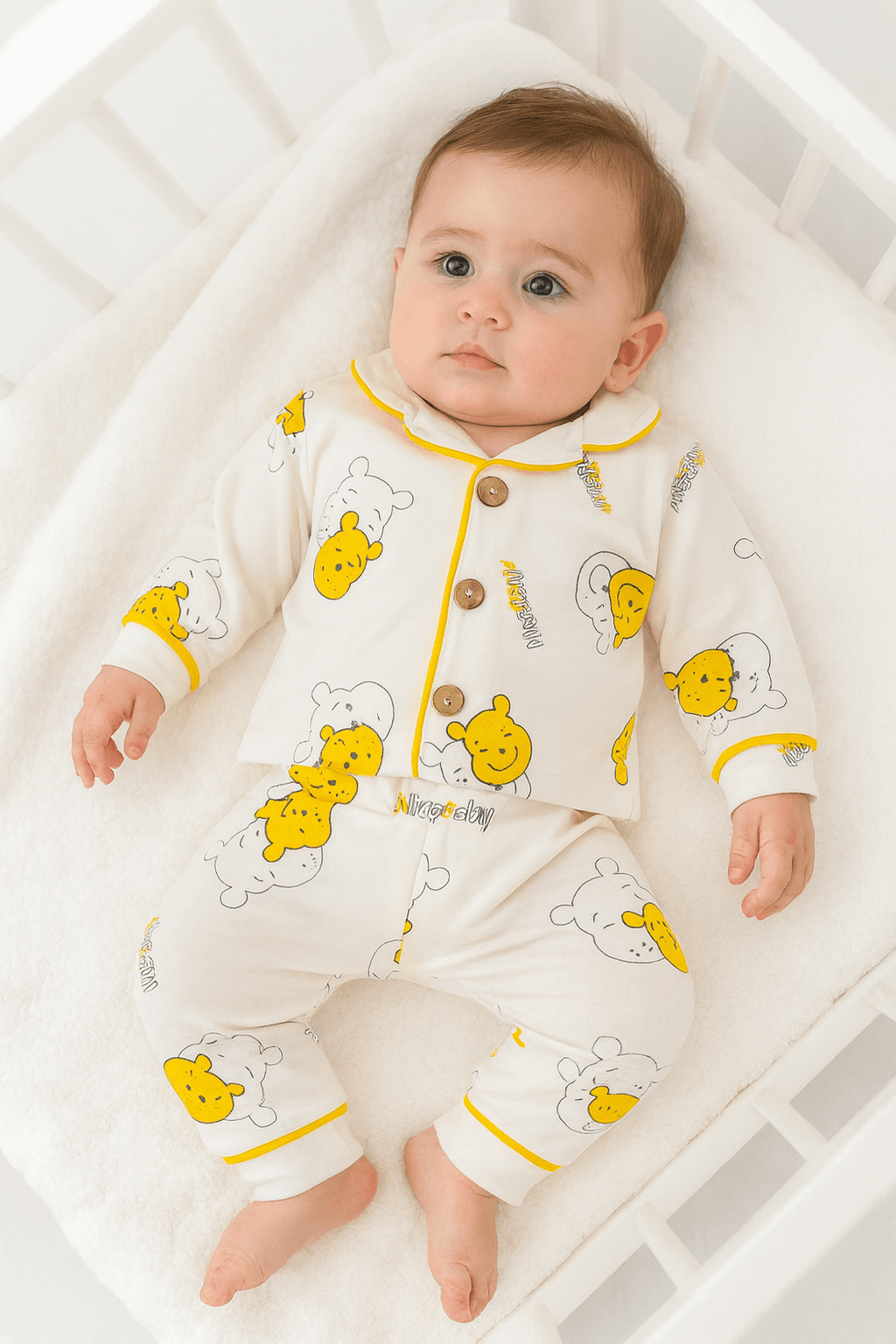 Unisex Bebek Pooh Baskılı düğmeli Pijama İkili Takım