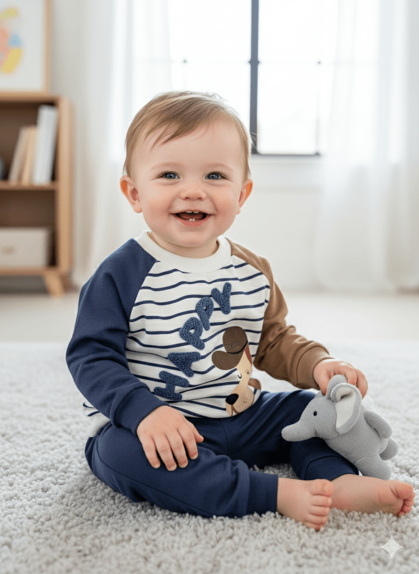 Erkek Bebek Happy İşlemeli Mevsimlik İkili Takım - lacivert