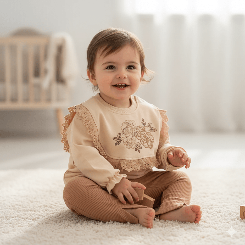 Kız Bebek Gül Nakışlı Fistolu İkili Takım - bej