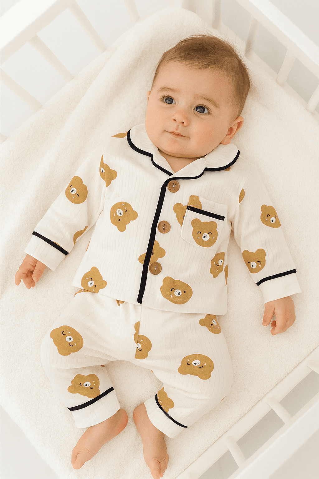 Erkek Bebek Ayıcık Baskılı Düğmeli Pijama İkili Takım
