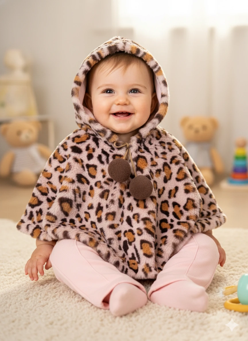 Kız Bebek Leoparlı Badili Üçlü Panço Takım