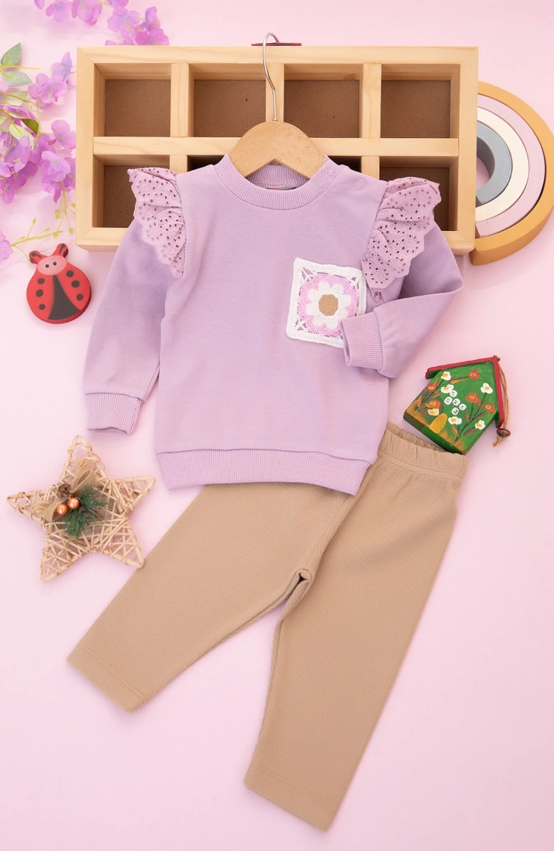 Kız Bebek Kolu Güpürlü Taytlı İkili Takım