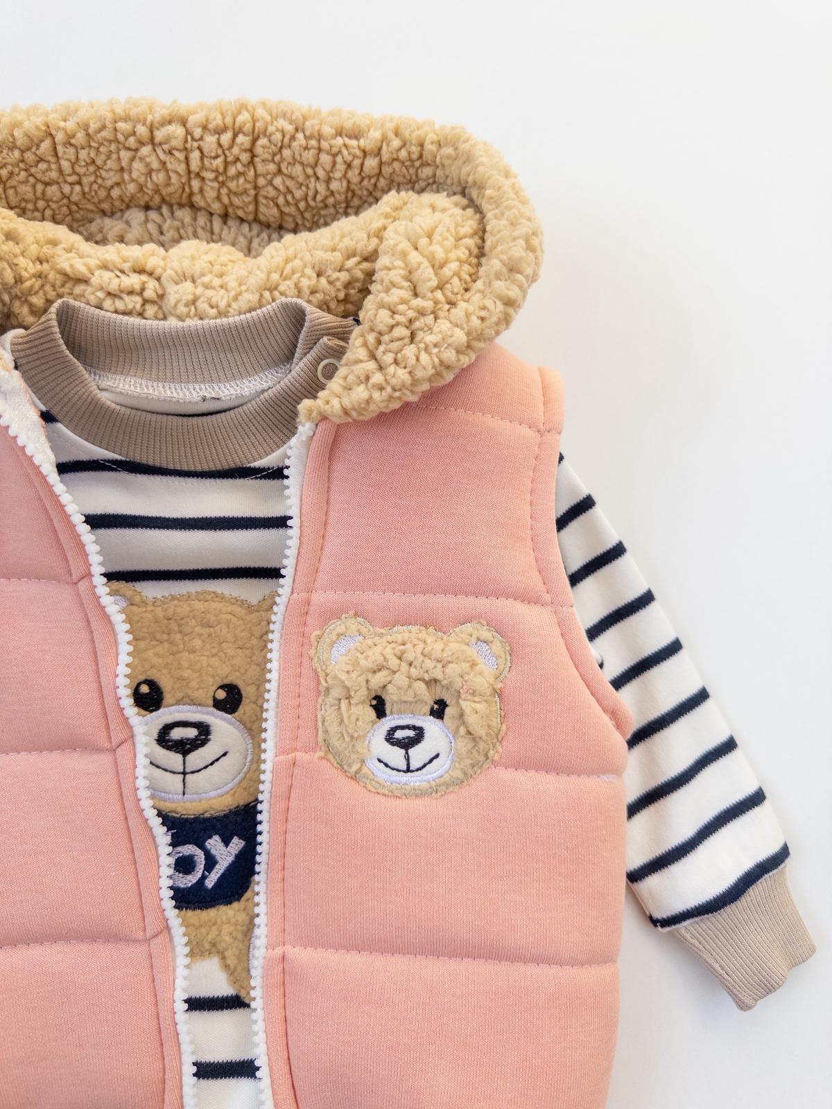 Kız Bebek Ayıcıklı Welsoft Kapüşonlu Üçlü Takım