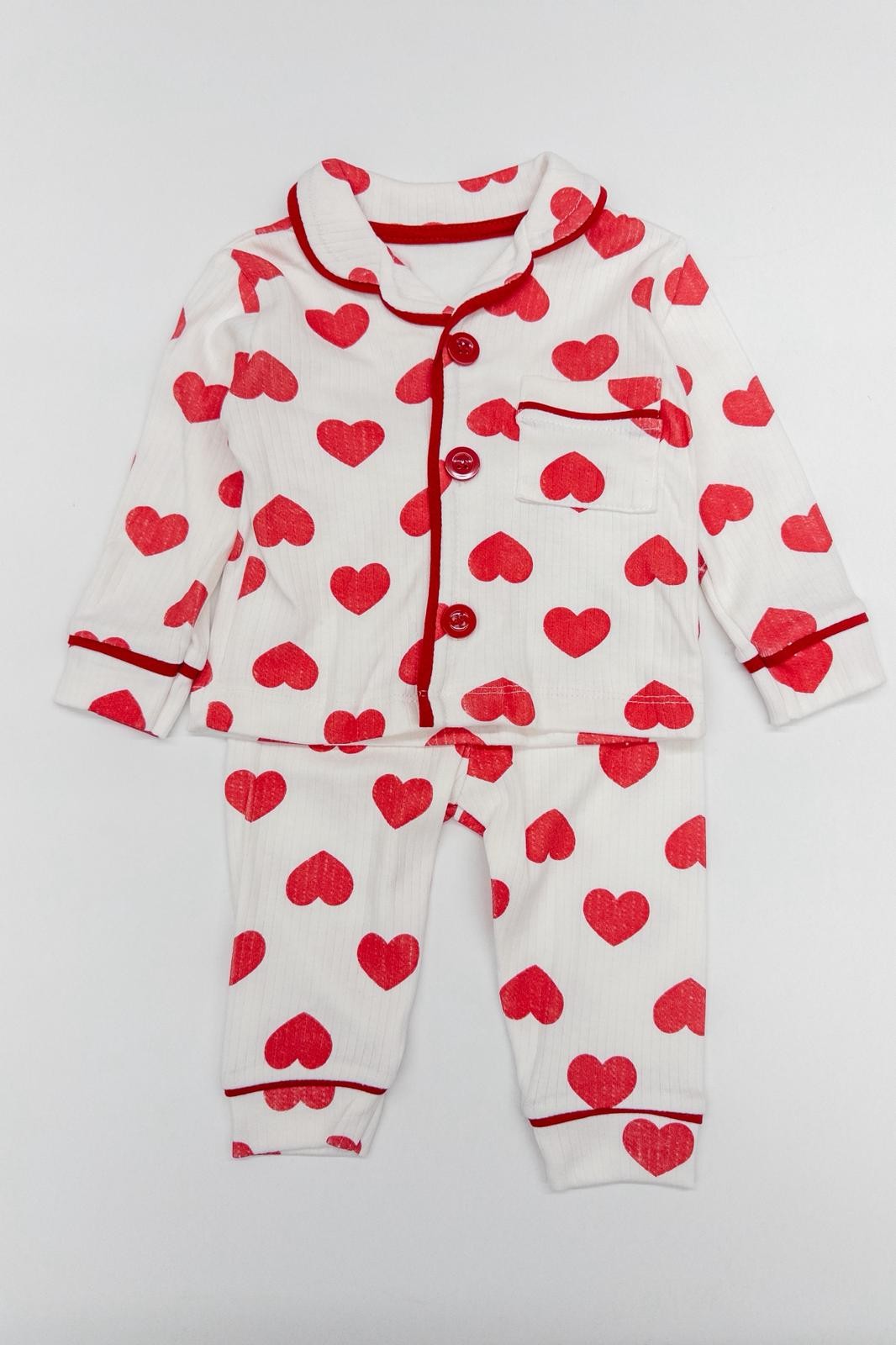 Kız Bebek Kalp Desenli Düğmeli Pijama İkili Takım