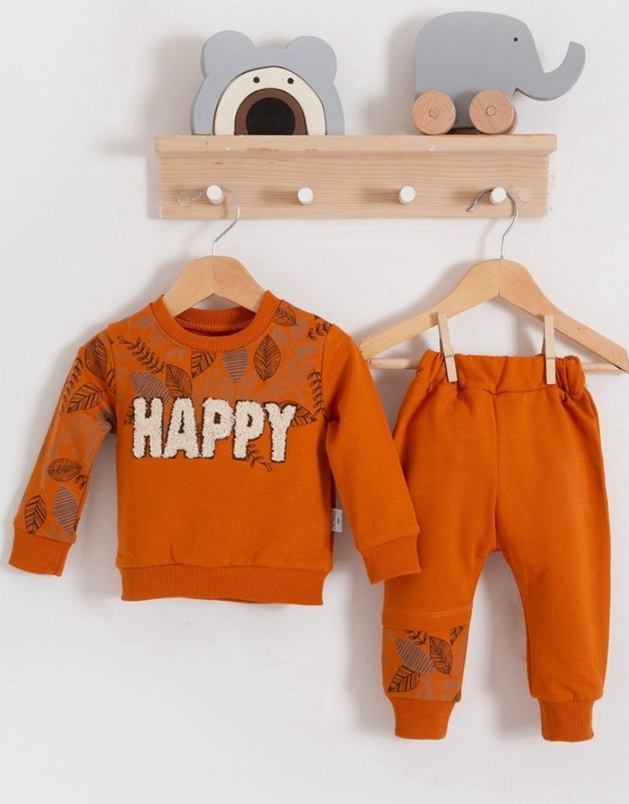Unisex Bebek Happy İşlemeli Mevsimlik İkili takım - kiremit