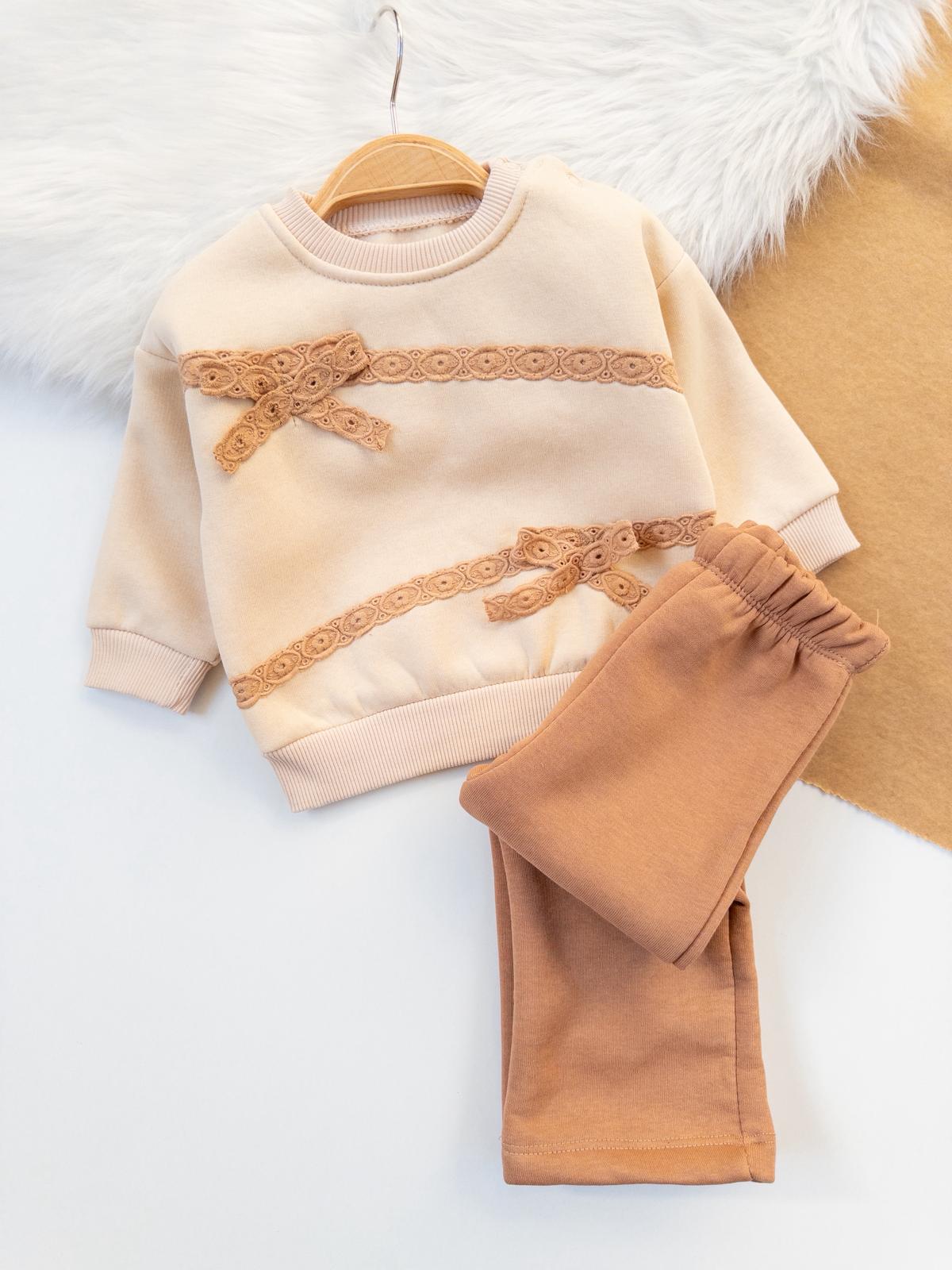 Kız Bebek Kurdeleli Şardonlu İkili Takım - sütlü kahve