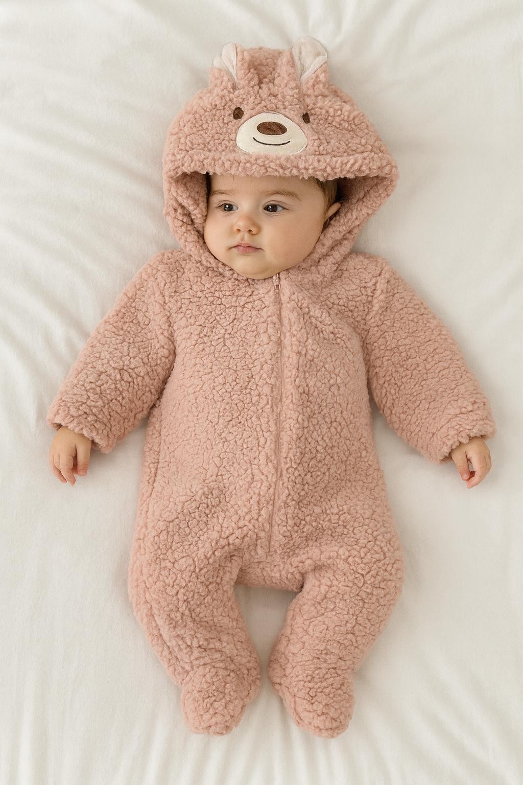 Kız Bebek Fermuarlı Peluş Kuzu Tulum