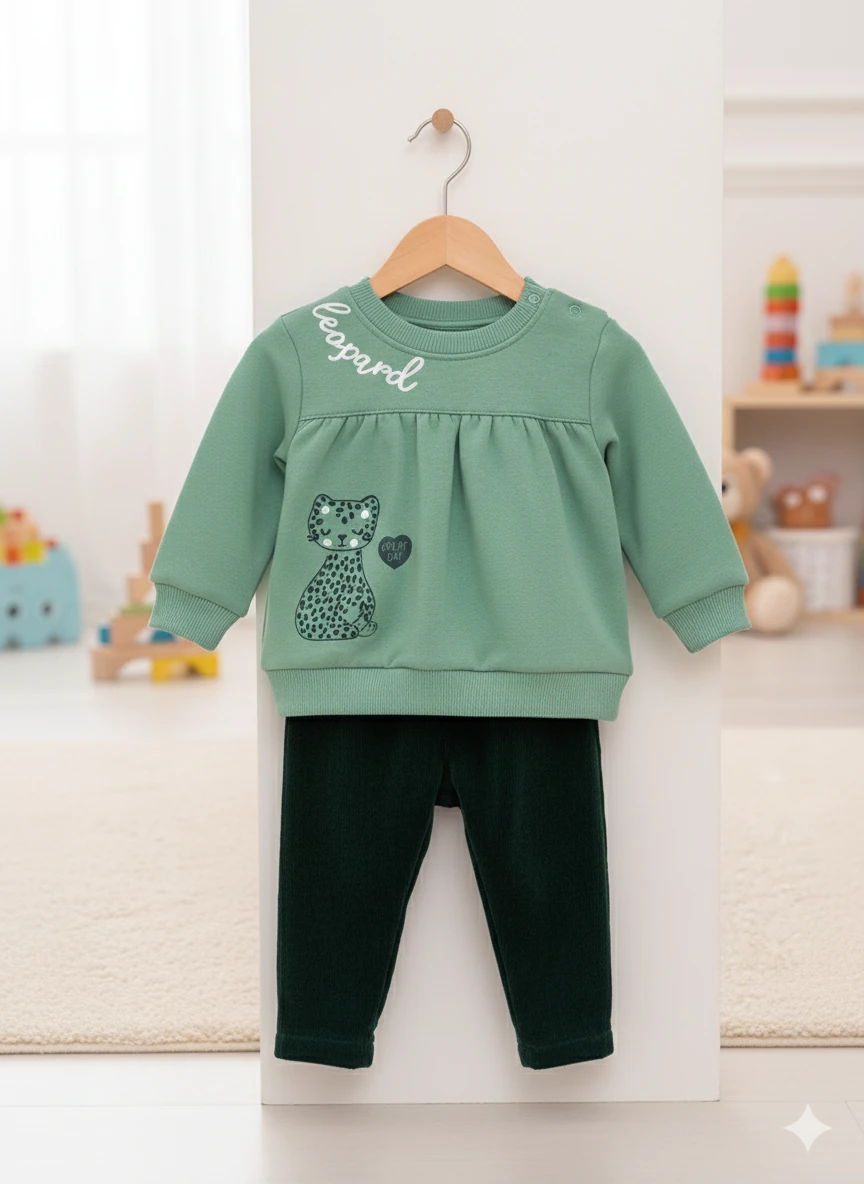 Kız Bebek Kedicik Baskılı Şardonlu 2Li Takım - yeşil