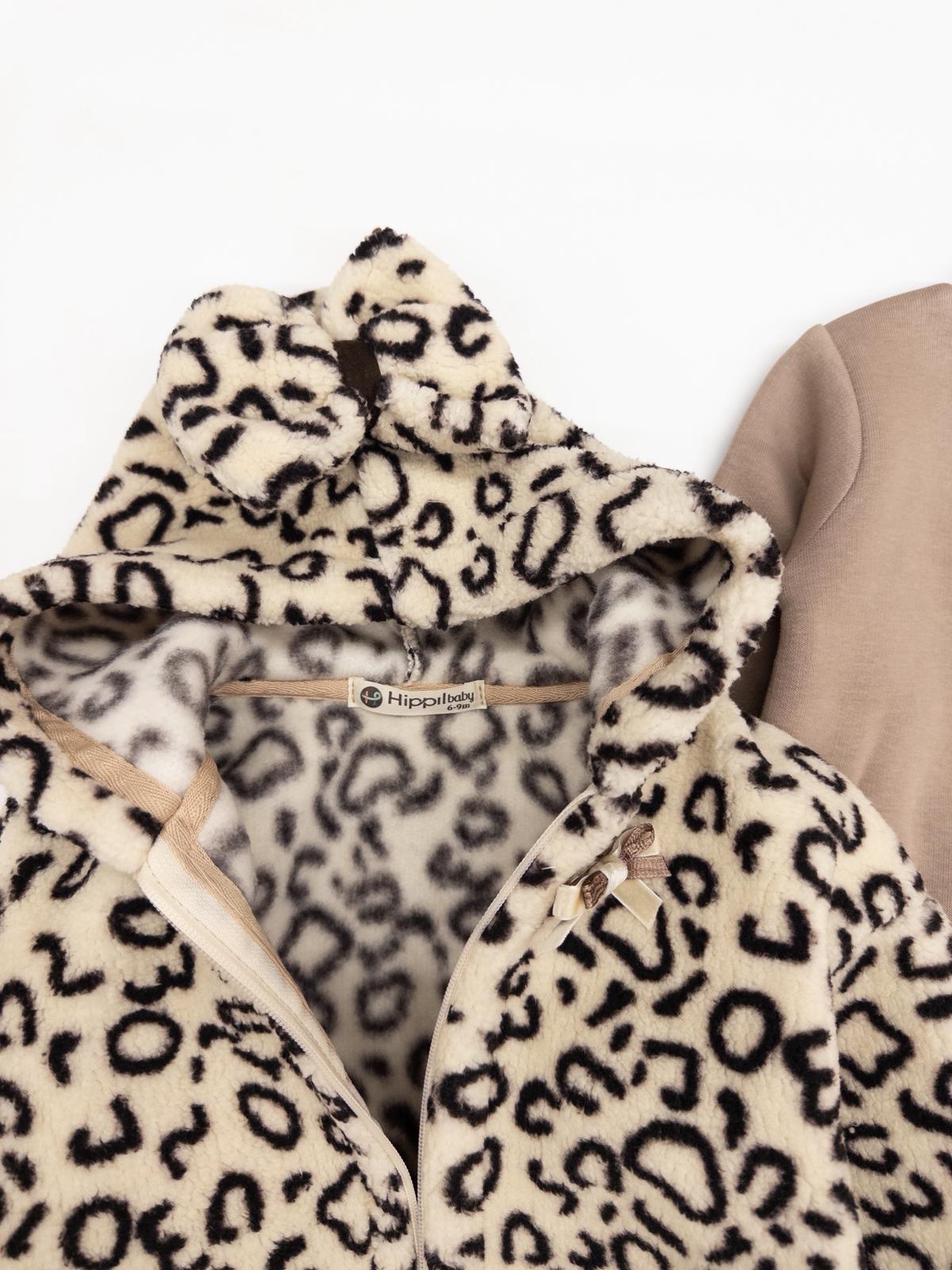 Kız Bebek Peluş Ceketli Leoparlı Üçlü Takım