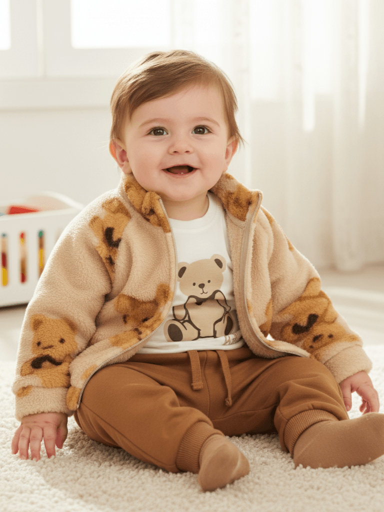 Erkek Bebek Peluş Ceketli Üçlü Takım