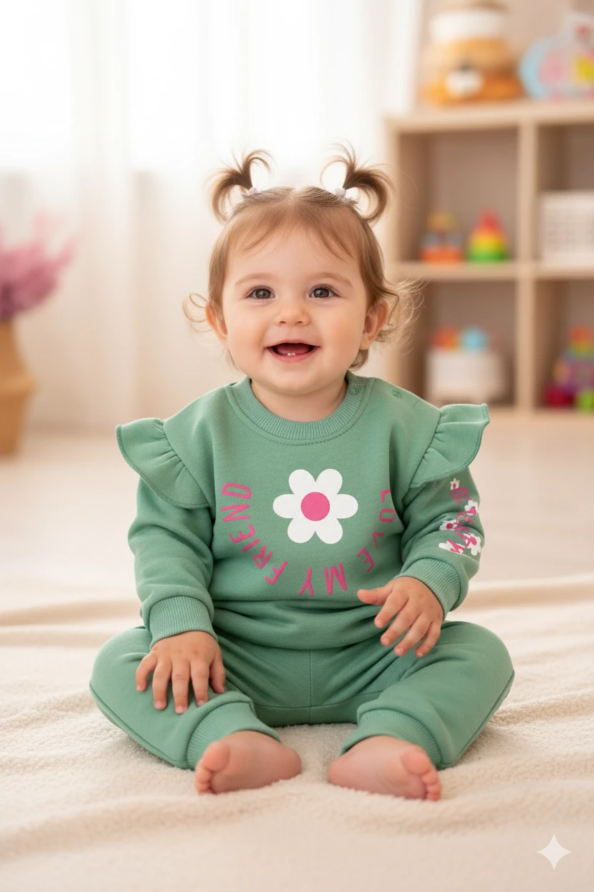 Kız Bebek Şardonlu Love My Friend Yazılı İkili Takım - yeşil