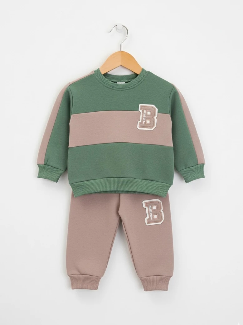Erkek Bebek B İşlemeli Üç İp Şardonlu İkili Takım - yeşil