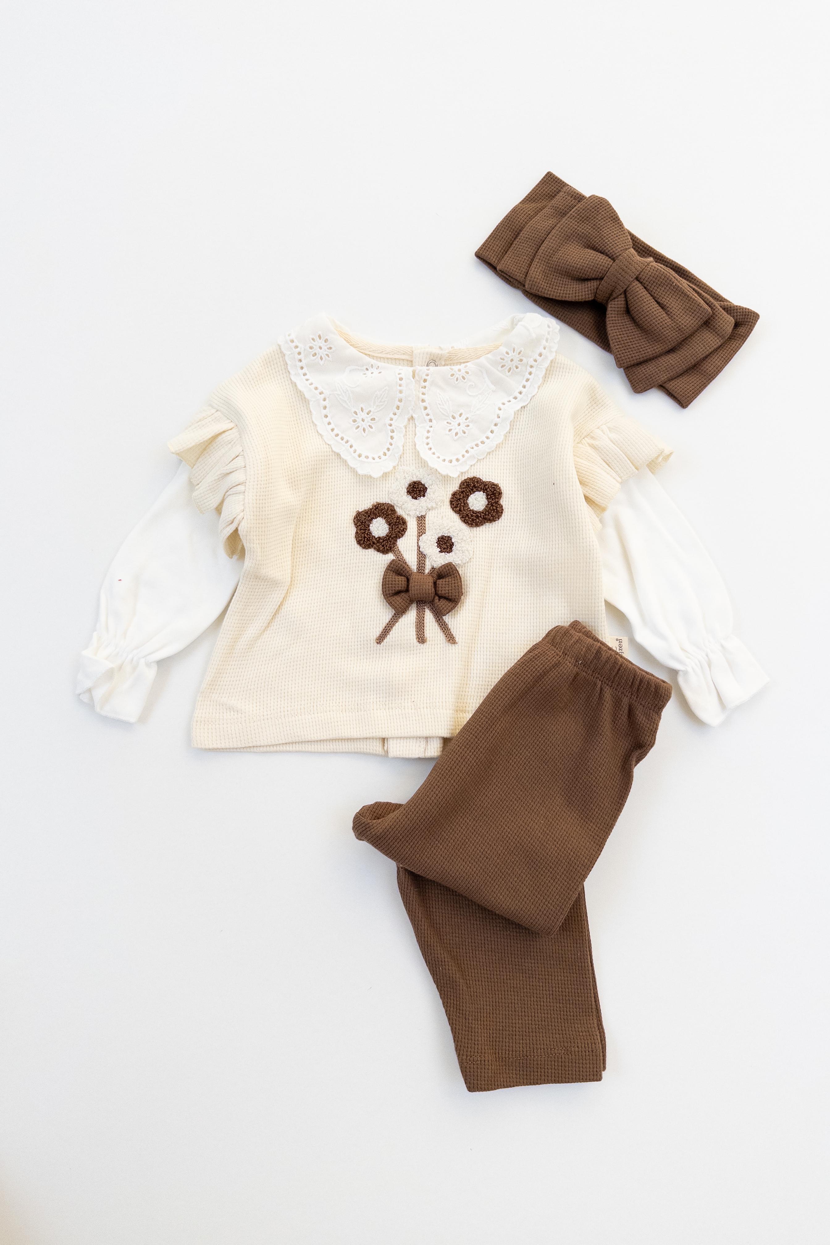Kız Bebek Dantel Yakalı Bandanalı İşlemeli Waffle Takım