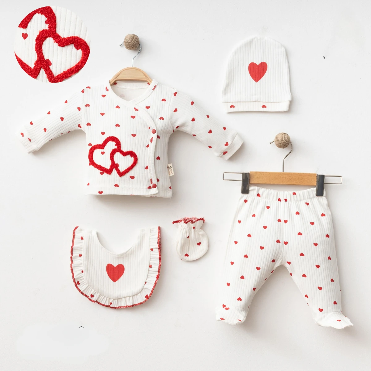 Kız Bebek Kalp İşlemeli 5Li Hastane Çıkışı Set