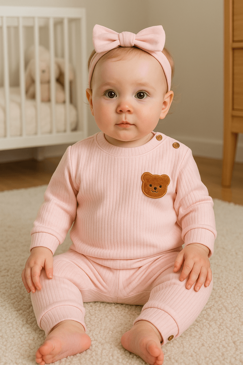 Unisex Bebek Fitilli Ayıcıklı İkili Takım - Pembe