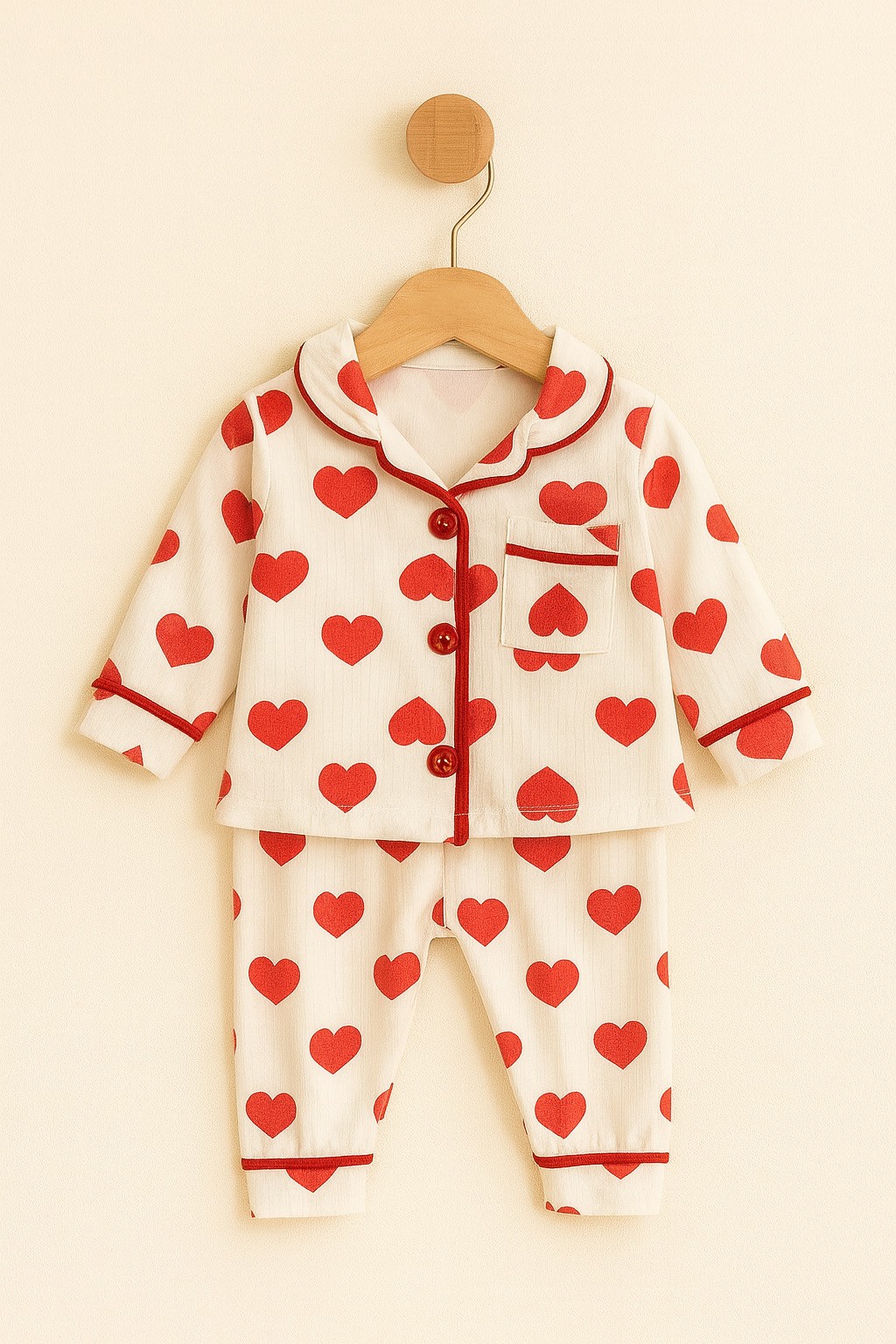 Kız Bebek Kalp Desenli Düğmeli Pijama İkili Takım