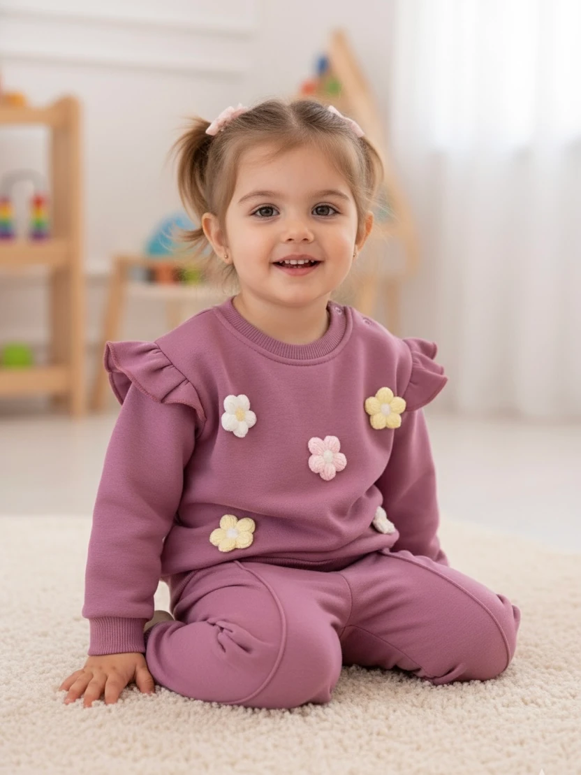 Kız Bebek Papatya İşlemeli Şardonlu İkili Takım - lila