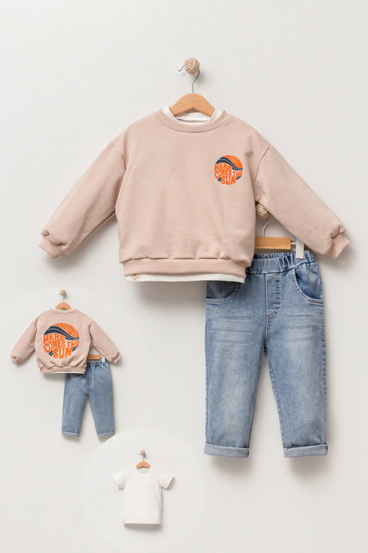  Erkek Bebek Baskılı Sweatshirt Kot Pantolon 3'lü Takım - kese kağıdı