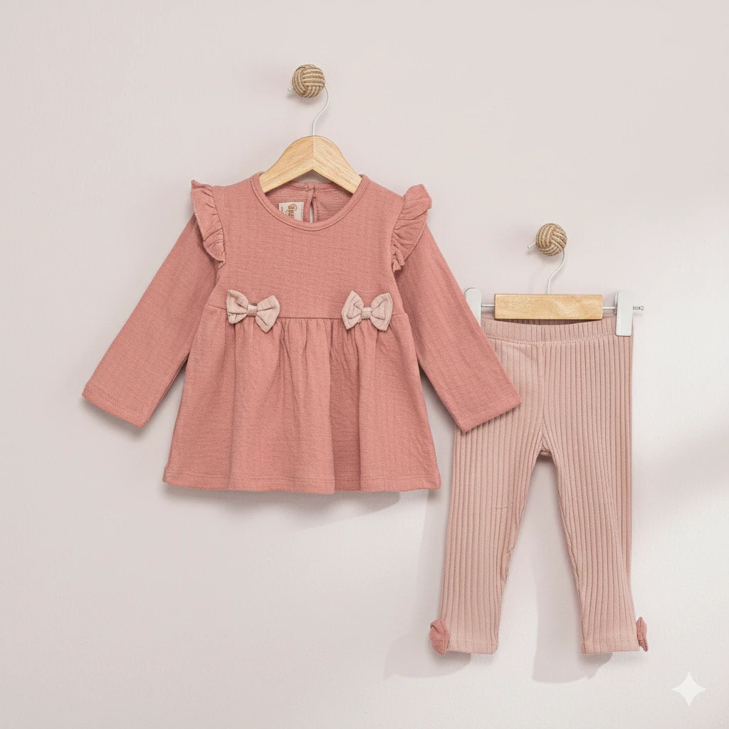 Kız Bebek Fitilli Fiyonklu Müslin İkili Takım - gül kurusu