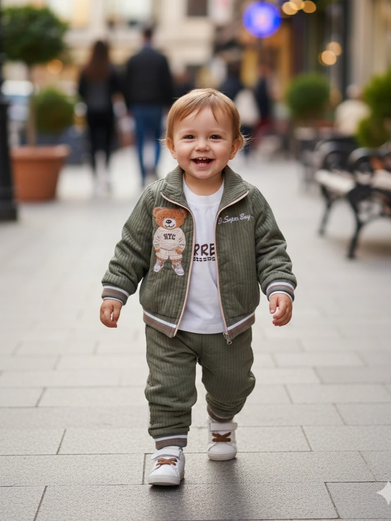 Erkek Bebek Ayıcık Nakışlı  Ceketli 3LüTakım - yeşil