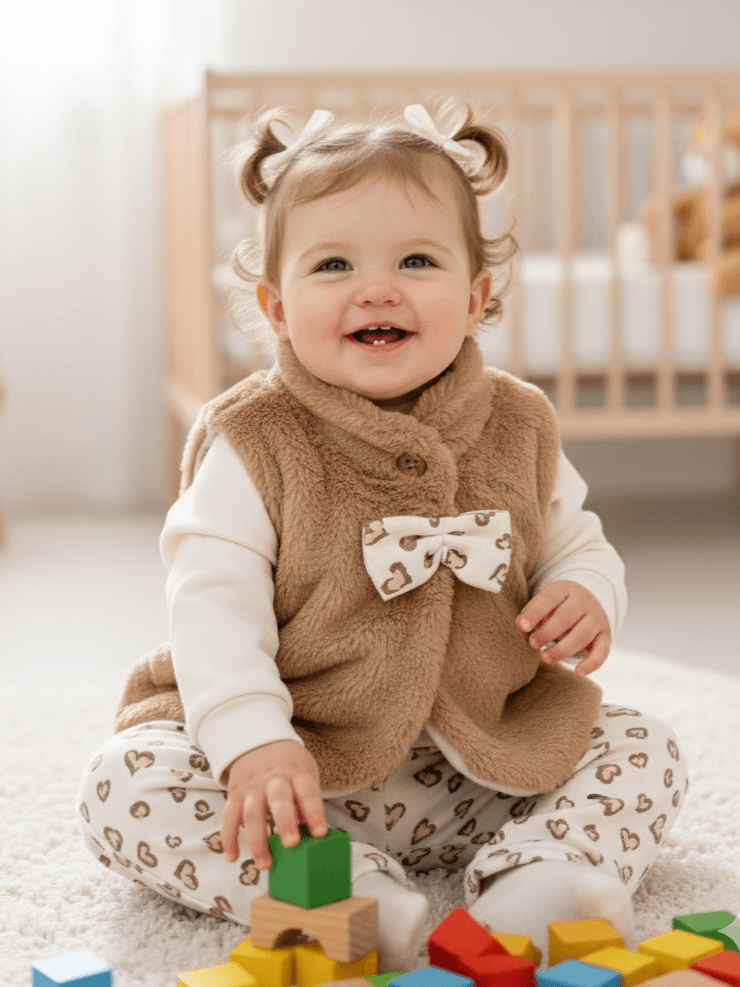 Kız Bebek Peluş Yelekli Üçlü Şardonlu Takım - sütlü kahve