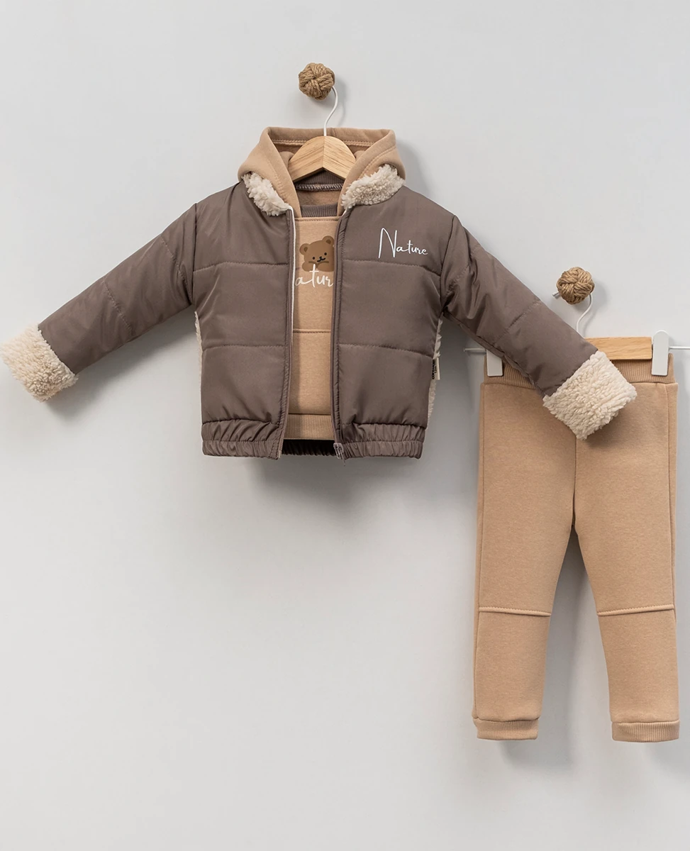 Erkek Bebek Ayıcıklı Montlu Şardonlu Üçlü Takım - kahverengi