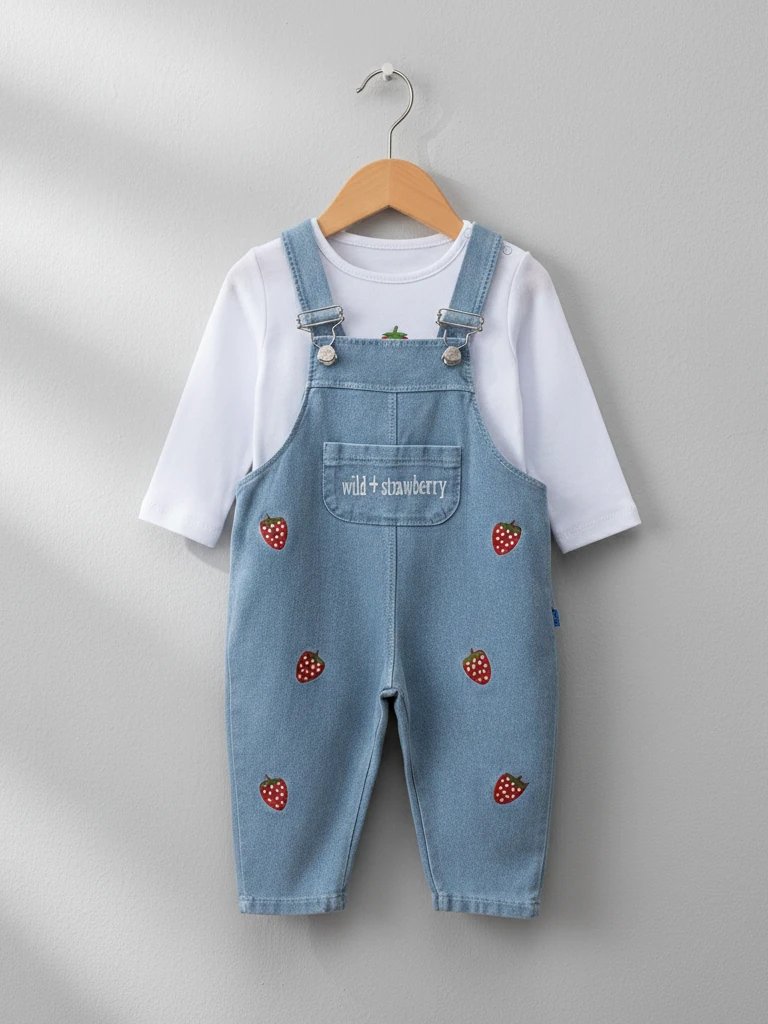 Kız Bebek Çilek Nakışlı Kot Salopet İkili Takım