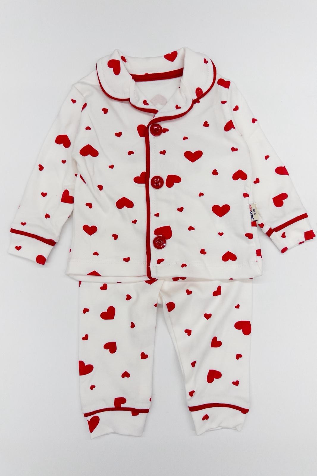 Kız Bebek Kalp Baskılı Düğmeli Pijama İkili Takım