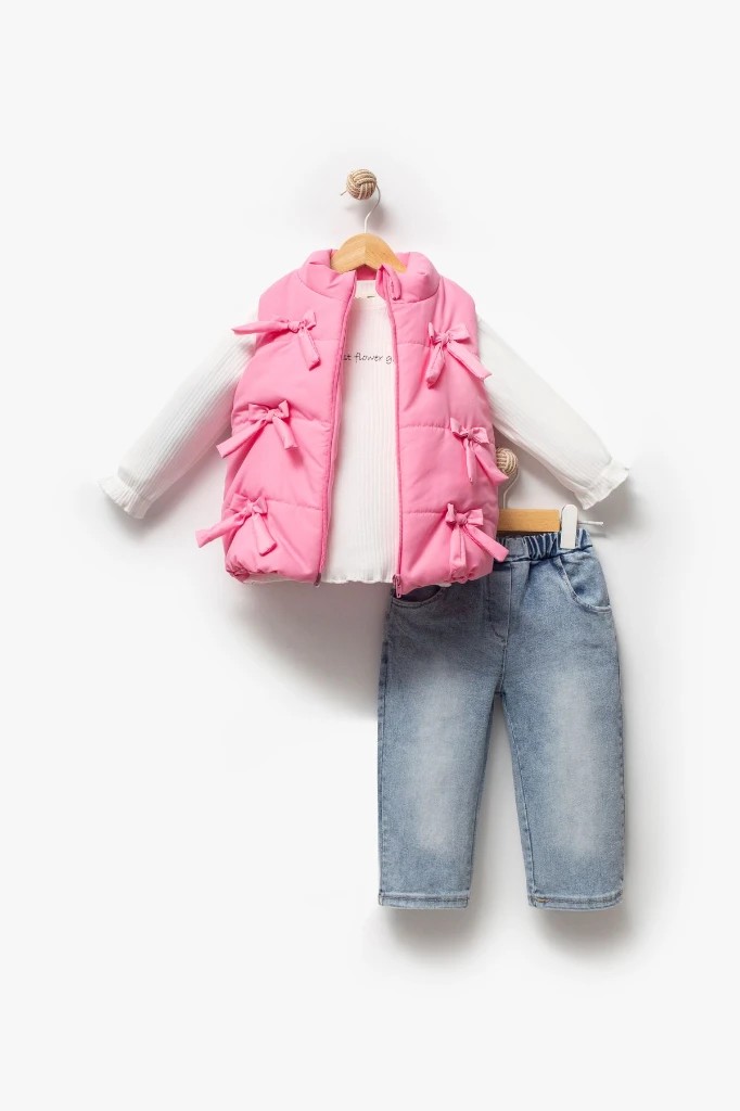 Kız bebek Fiyonklu Şişme Yelekli 3'lü Takım - Pembe